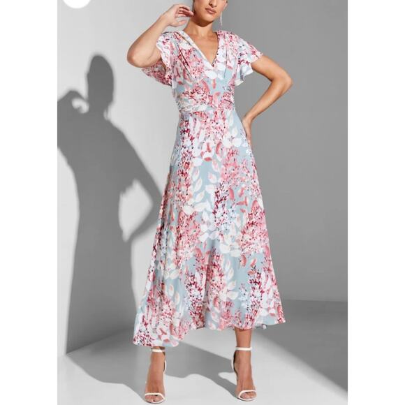 Adrianna Papell Dresses & Skirts - Adrianna Papell Light Blue and Pink Floral V-Neck Flutter Sleeve Wrap Midi Dress
